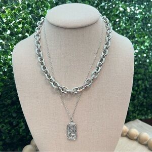 NWT Silver Tone Layered Necklace | Distressed Look Charm | Lobster Clasp | Adj
